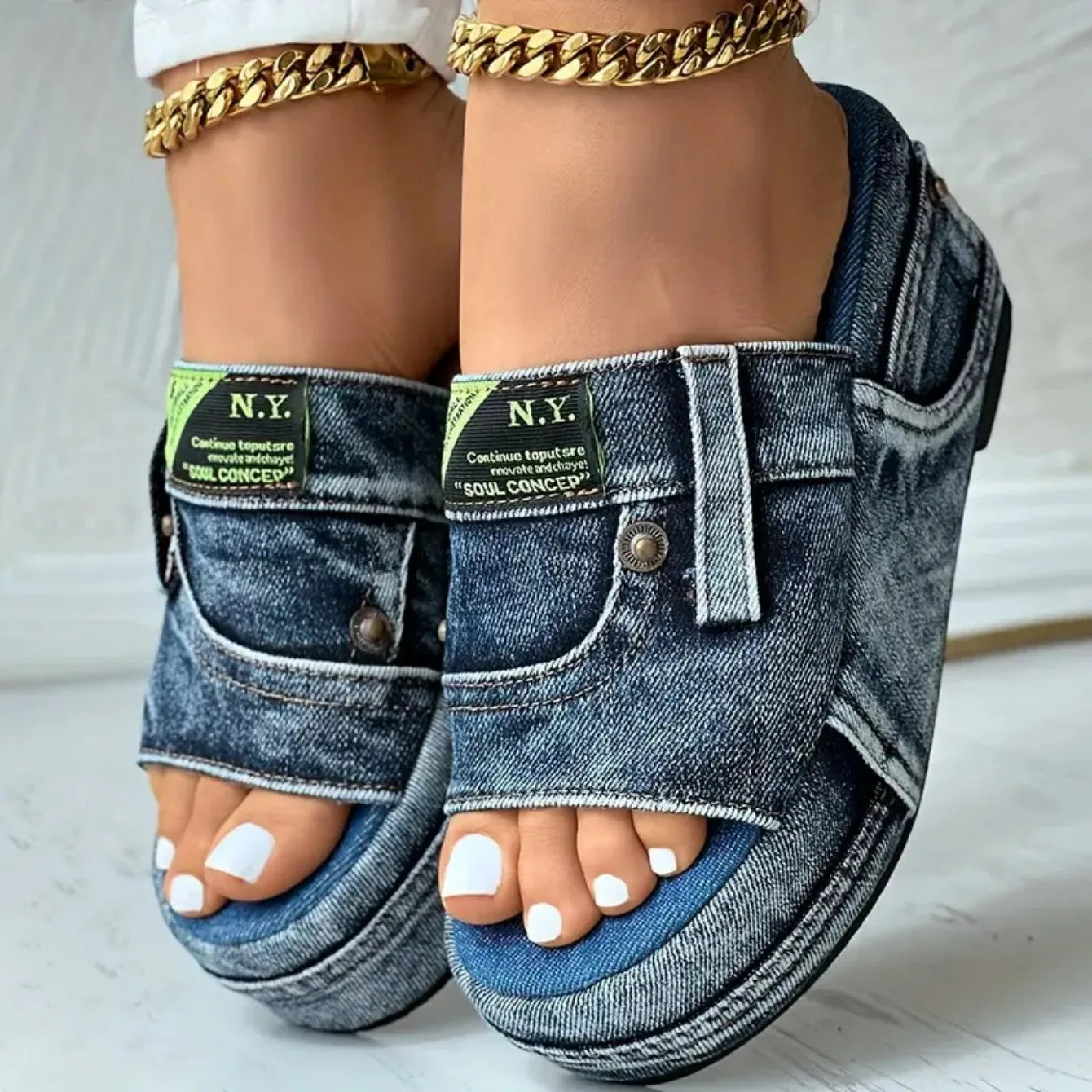 Plate-forme femmes pantoufles nouvel été élégant Denim sandales confortable sans lacet chaussures plage marche pantoufles diapositives décontractées femmes