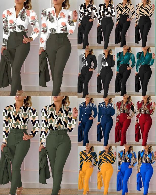 Ensemble deux pièces imprimé pour femmes, élégant, col en V, manches longues, petit haut et pantalon Long, avec ceinture, vêtements de travail, printemps-automne