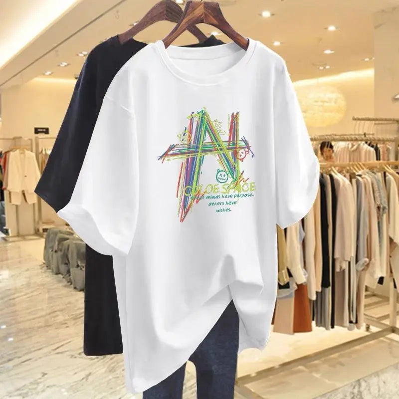 T-shirt basique imprimé géométrique peint à la main pour femme, pur coton, manches courtes, 40 noix-105 noix, vêtements décontractés, été