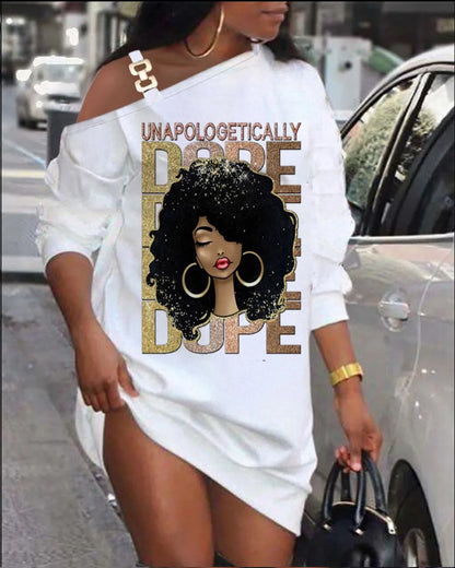 Mini robe imprimée décontractée pour femmes, mode, coupe ample, col diagonale ajouré, manches longues, robes de soirée courtes, Club, automne