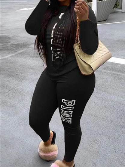 LW-Ensemble de survêtement décontracté pour femme, sweats à capuche à manches longues, pantalon imprimé lettre rose, mode automne et hiver, 2 pièces