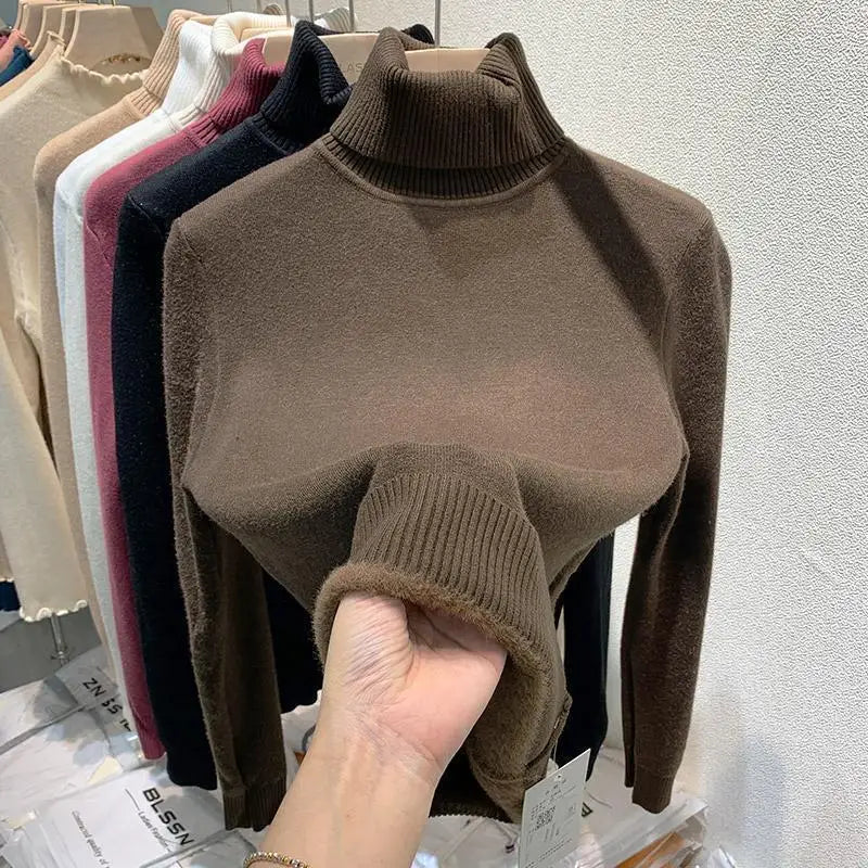 Pull épais à col haut pour femme, haut d'hiver chaud et doux, couleur unie, vêtements intérieurs, chemise à bascule, nouvelle collection 2025