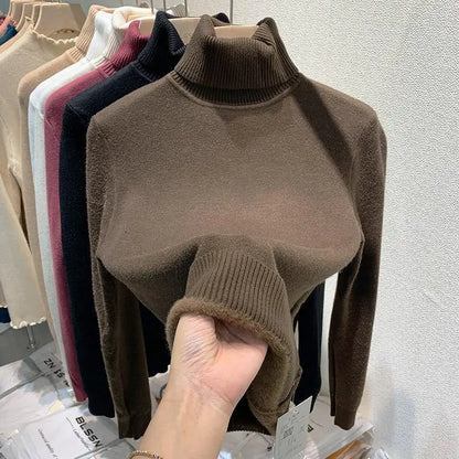 Pull épais à col haut pour femme, haut d'hiver chaud et doux, couleur unie, vêtements intérieurs, chemise à bascule, nouvelle collection 2025