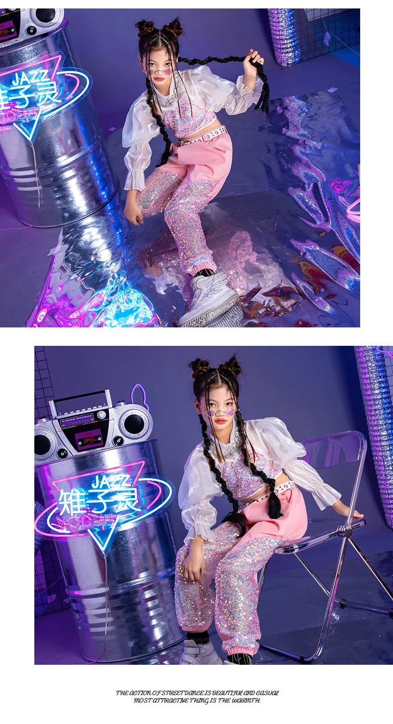 K-PoP-Ensemble de olympiques de danse jazz pour enfants, vêtements à paillettes, défilé de mode pour filles, tenues pour enfants, hip hop, hip hop