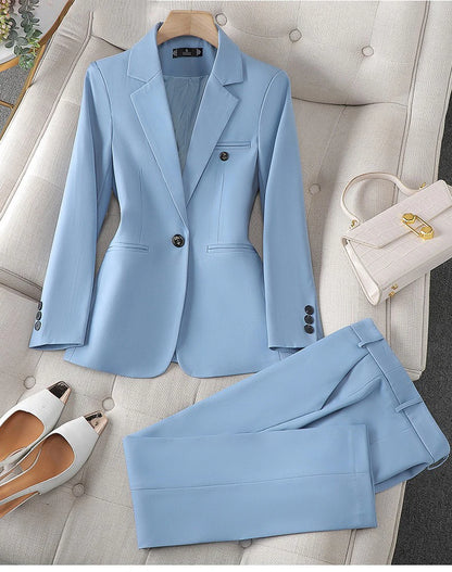 Costume Blazer Bleu Décontracté pour Femme, Tenue de Bureau, Manches sulf, Veste à Bouton Unique, Ensemble 2 Pièces, Chic, Mode, Pantalon, Élégant