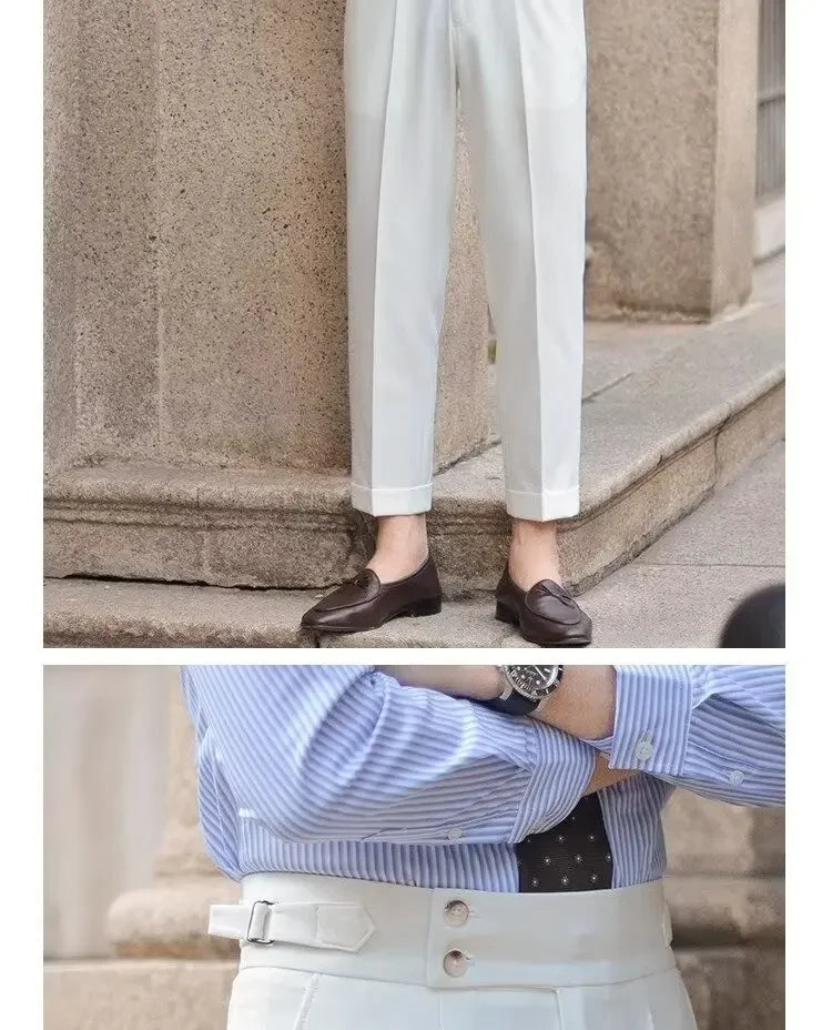 BS Vintage taille haute hommes décontracté pantalon droit Smalltrousers affaires britanniques Paris boucle blanc pantalon Long