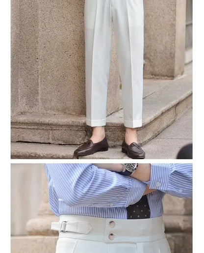 BS Vintage taille haute hommes décontracté pantalon droit Smalltrousers affaires britanniques Paris boucle blanc pantalon Long