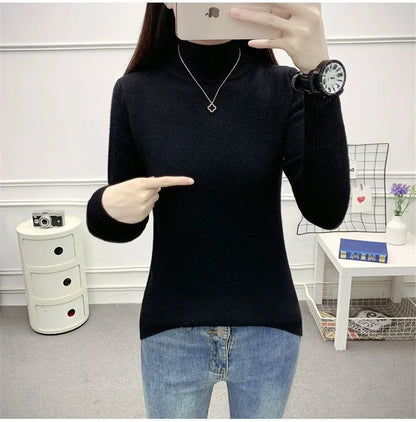 Pull Slim à Demi-Col Roulé pour Femme, Tricot Doublé de Velours, Chaud, Épais, en Jersey Doux, Collection Hiver