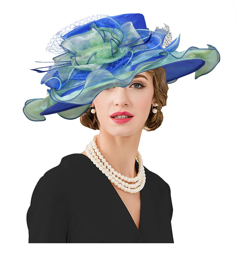 FS été bleu vert église Chapeau pour femmes élégant à large bord Organza Fascinator chapeaux mariage mariée Casquette avec fleur Chapeau Femme