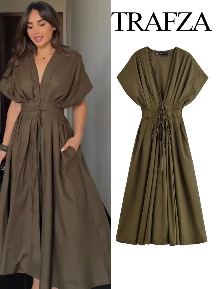 TRAFZA femmes mode d'été col en v à lacets Midi robe à manches courtes femme élégante dos nu plissé Sexy taille longue robe