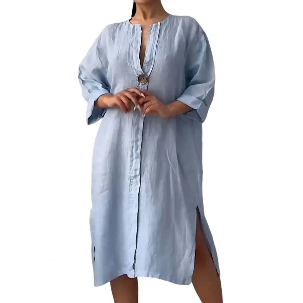 Robe mi-longue à col en V pour femme, tissu doux, robe boutonnée pour femme, robe à col en V, robe trapèze, manches trois quarts