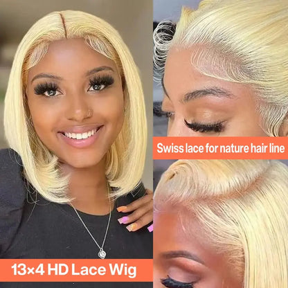 613 Blonde Bob perruques cheveux humains court droit 13X4 HD dentelle avant perruques coloré brésilien 100% cheveux humains 16 pouces cosplay 200% perruque brésilienne	cheveux humain naturel perruque courte