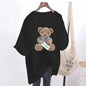 Mode d'été Animal ours imprimé T-shirts de base femmes décontracté pur coton col rond à manches courtes haut t-shirt bureau dame pulls amples
