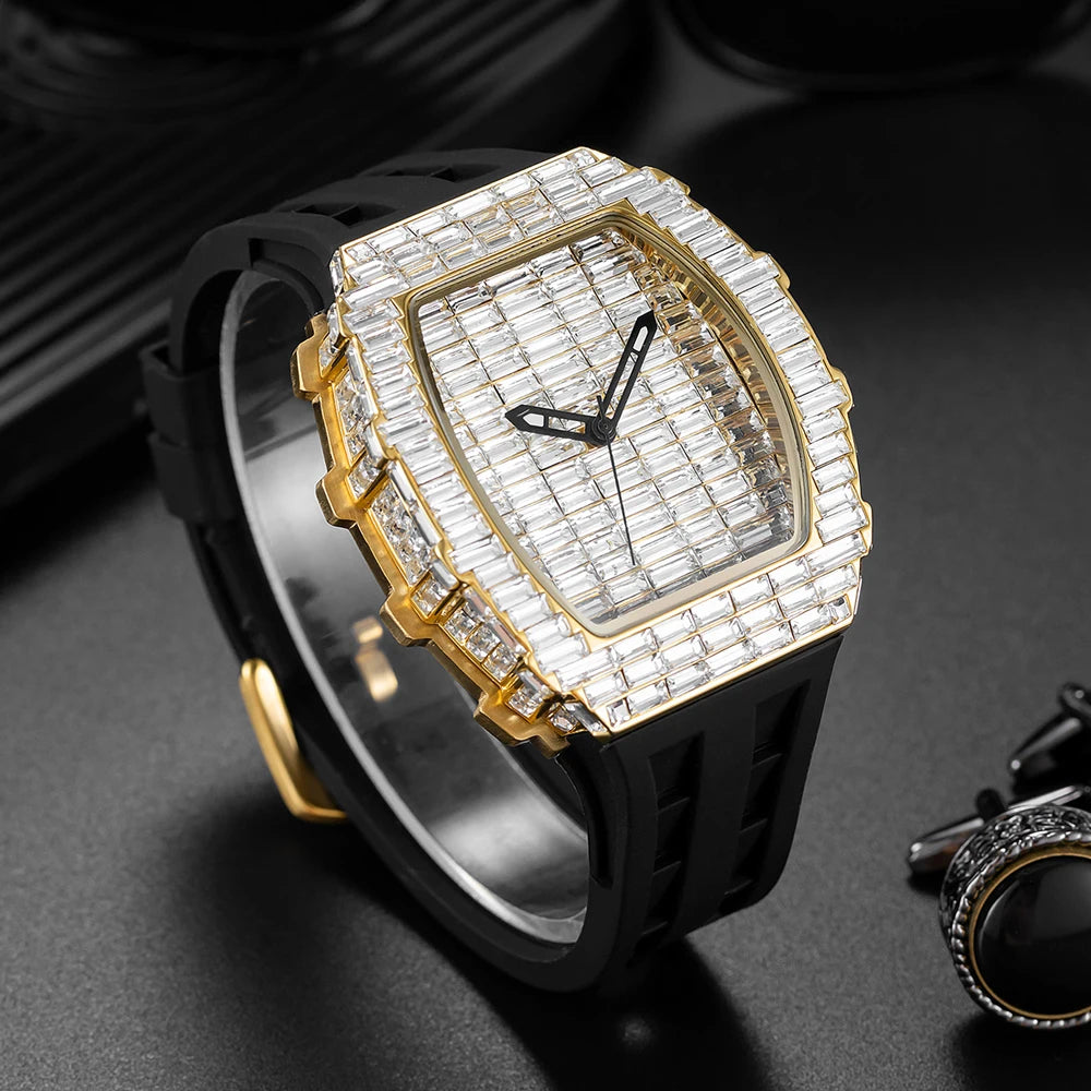 Montre-bracelet à Quartz pour hommes, marque de luxe, nouvelle collection créative, carrée, diamant scintillant, bracelet en caoutchouc, grand visage, cadeau, 2024
