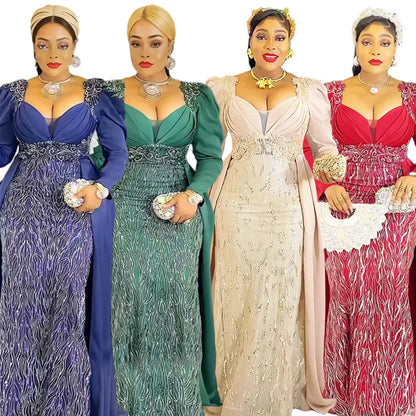 Robe de soirée à paillettes pour femmes, grande taille, col en v, dos nu, S10272