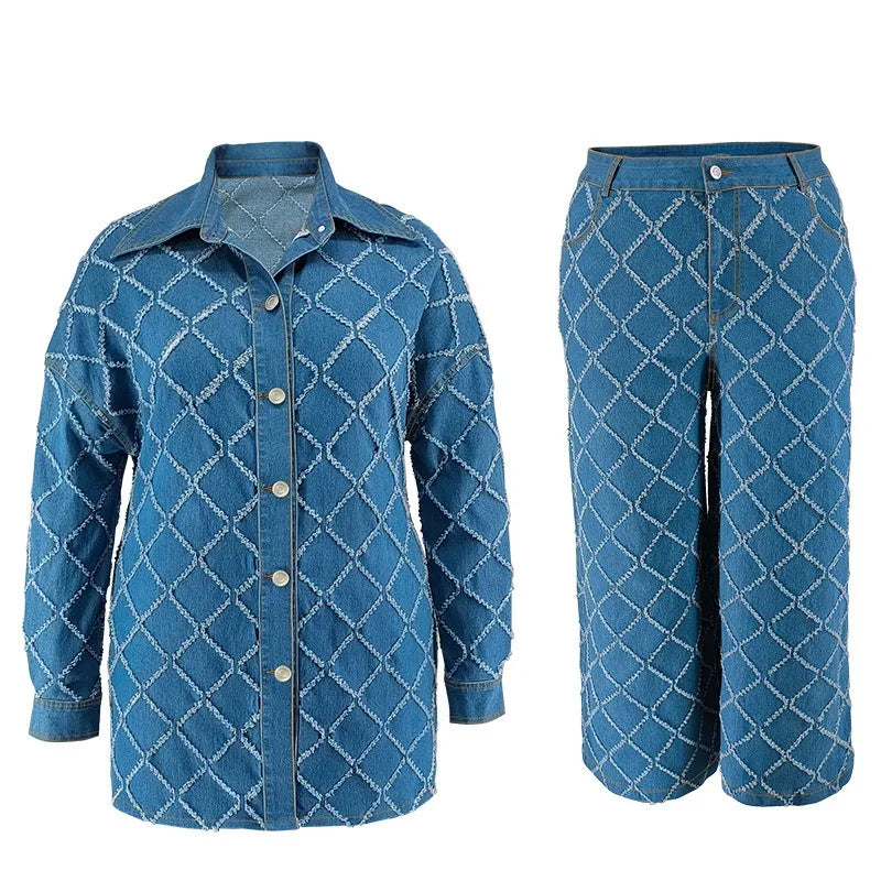 Wmstar grande taille Denim deux pièces ensembles femmes automne vêtements imprimer à manches longues hauts pantalons nouveaux costumes assortis en gros Dropshopping