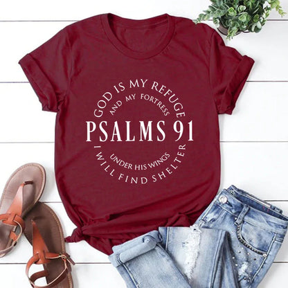 Dieu est mon refuge psaumes 91 chemise chrétienne Christ jésus chemises femmes T-shirts à manches courtes t-shirt religieux jésus amour T-shirts