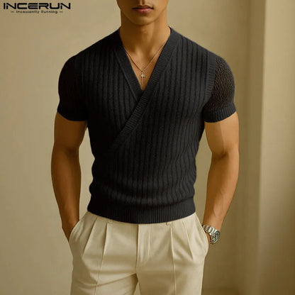 Hauts hommes T-Shirts à manches courtes maille Patchwork hauts t-shirt couleur unie col en V mode vêtements pour hommes Streetwear S-5XL