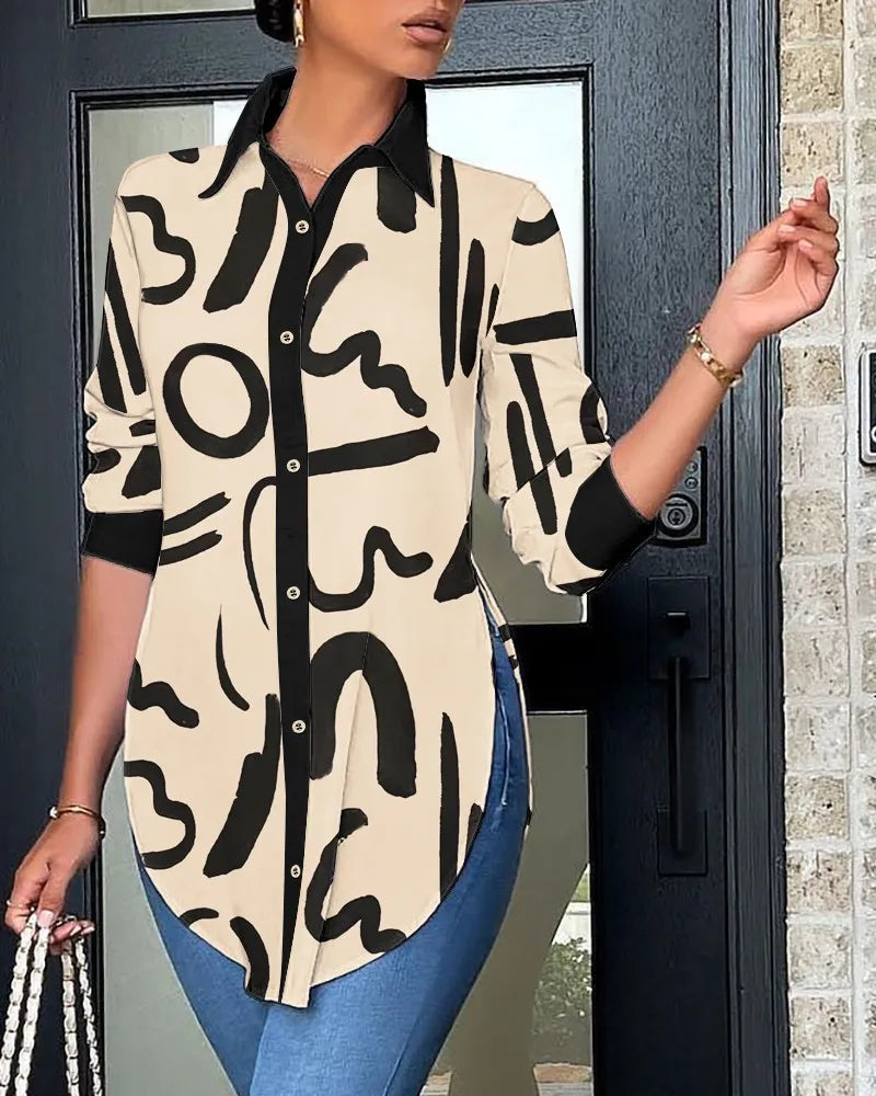 BERAKAH SUPRÊME - Haut décontracté à manches longues pour femmes, chemise imprimée à col au dos, élégante et à la mode, bureau, printemps et automne, 2025