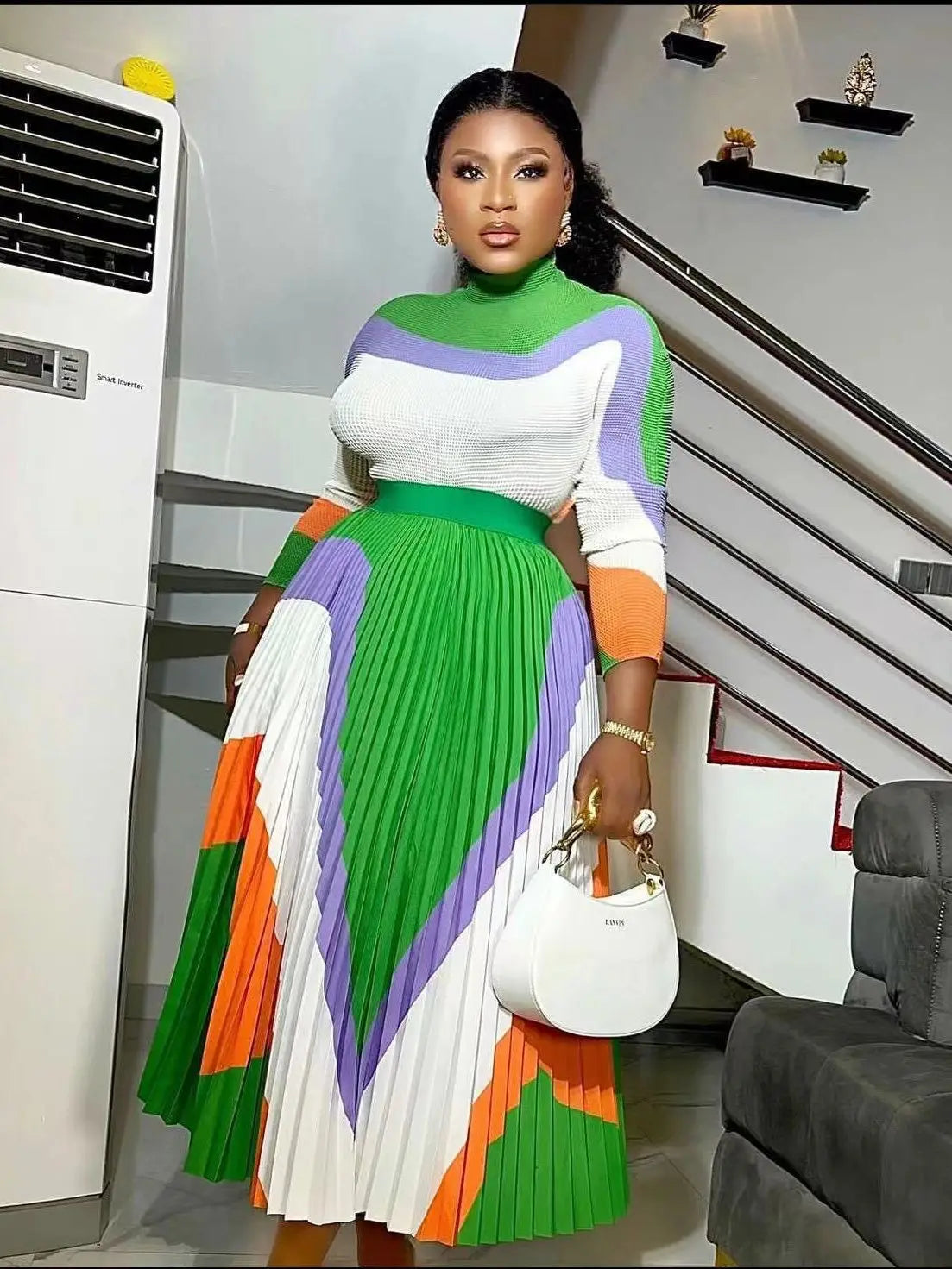 Ensemble haut et jupe plissée à manches longues et col mi-haut assortis, document d'impression ATA Yake, coupe couvertes, été, nouveau, 2024, 2 pièces