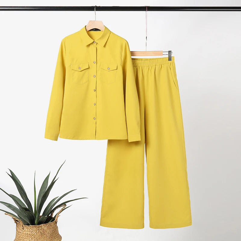 Ensemble chemise et pantalon pour femmes, élégant, col à revers, manches longues, mode automne, tenues, pantalons de travail solides, costumes, survêtement, 2 pièces