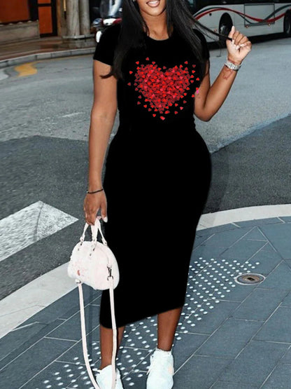Robe d'été sexy à manches courtes pour femmes, imprimé en forme de cœur, décontractée, col rond, pull, couleur unie