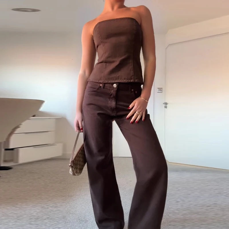 TRAF femmes jean marron taille haute poche Vintage Baggy jean femme pantalons longs décontractés printemps pantalon Streetwear été 2025