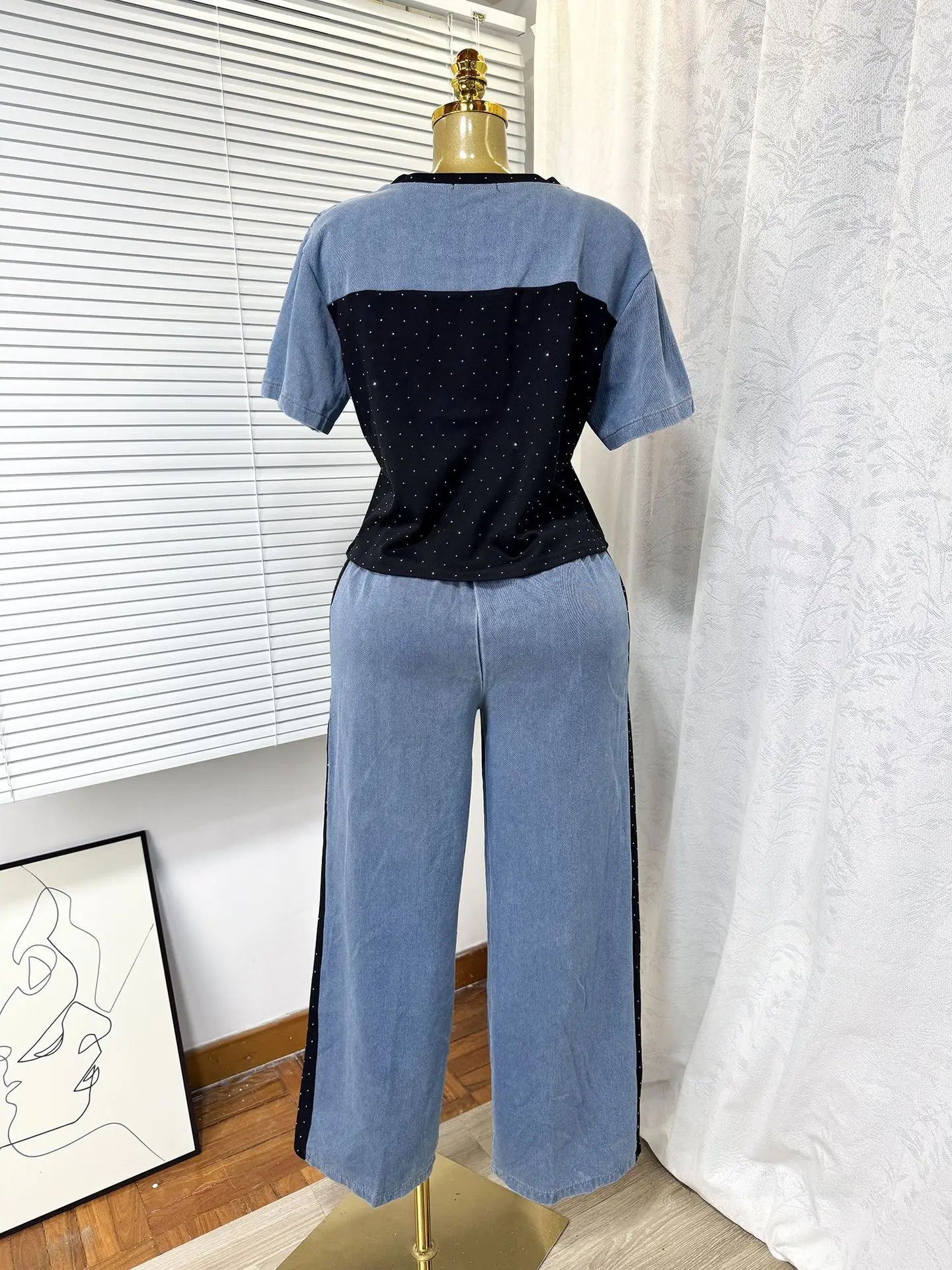 Ensemble deux pièces en Denim pour femmes, ensemble pantalon assorti, Streetwear Y2k, décontracté, perçage à chaud, hauts, jambes larges, pantalons longs, taille haute, 2025