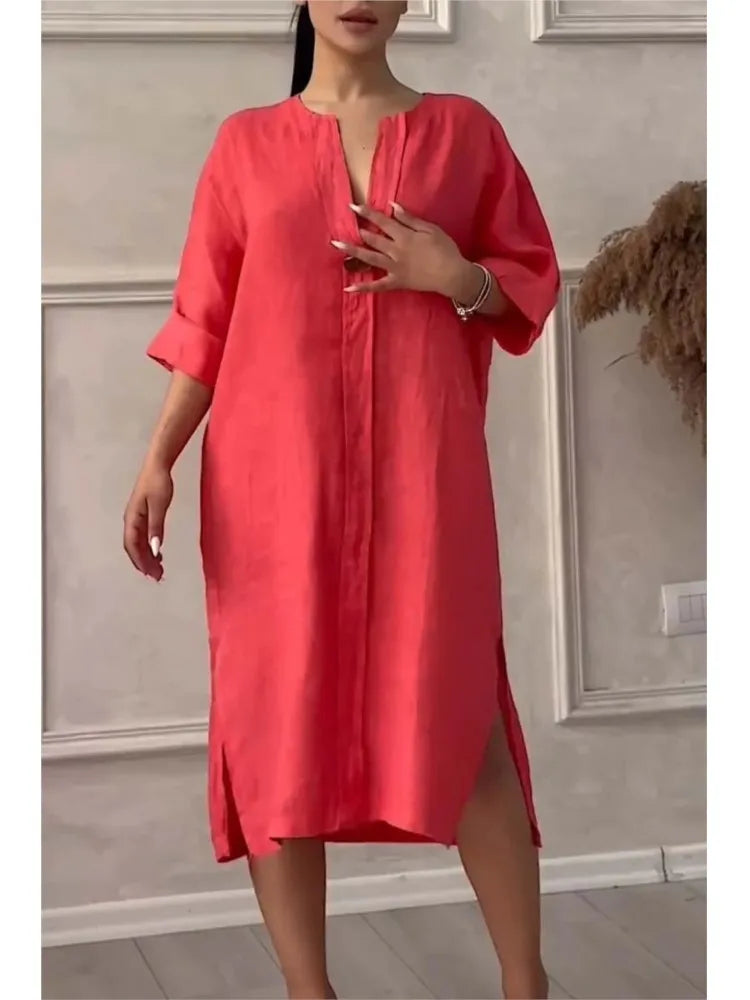 Robe d'été élégante en coton et lin pour femmes, col rond, manches longues, boutons, couleur unie, ample, décontractée, fente latérale, Simple