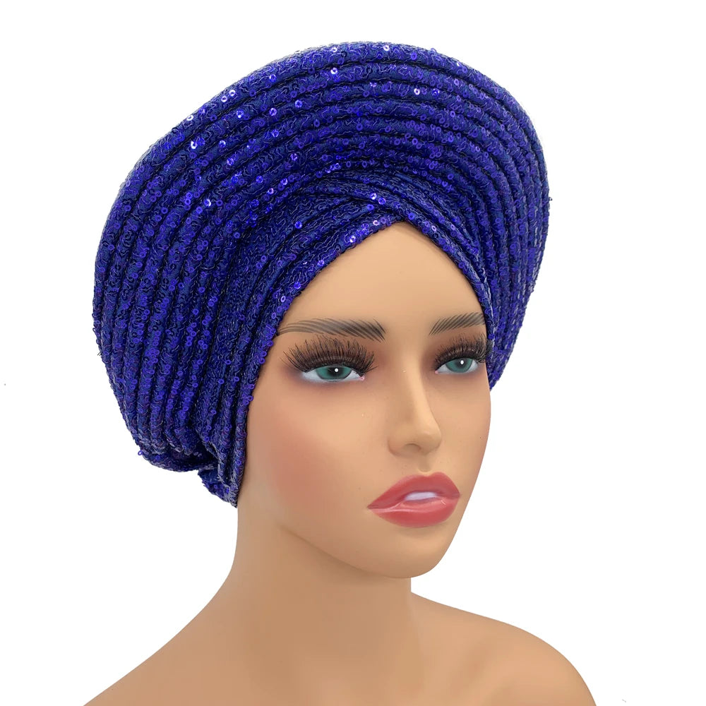 Paillettes Autogele Turban casquette pour femmes prêt africain Auto Gele casque Nigeria mariage Geles femme bandeau dame casque