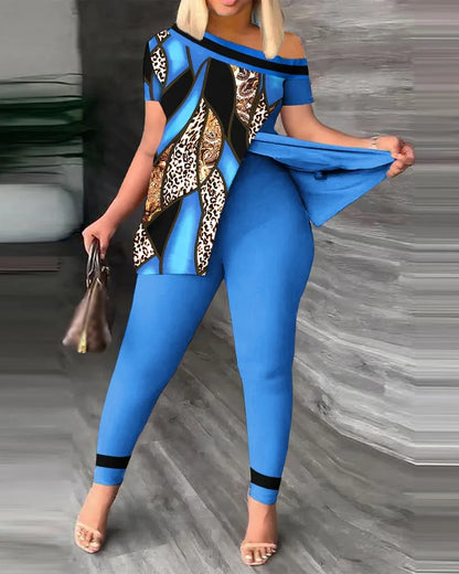 Ensemble deux pièces élégant pour femmes, nouvelle mode, imprimé, manches à volants, haut, pantalon de couleur unie, avec ceinture, chemisiers, vêtements féminins