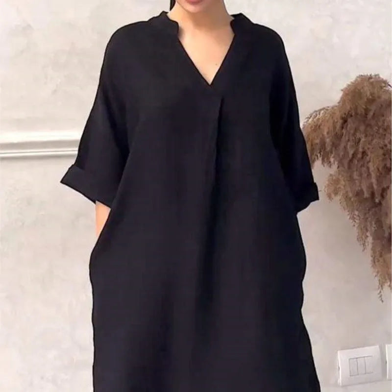 Robe mi-longue en coton et lin à col en V pour femmes, robes décontractées à manches courtes, poche, monochromatique, document, mode, printemps, été, 2025