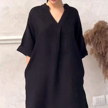 Robe mi-longue en coton et lin à col en V pour femmes, robes décontractées à manches courtes, poche, monochromatique, document, mode, printemps, été, 2025