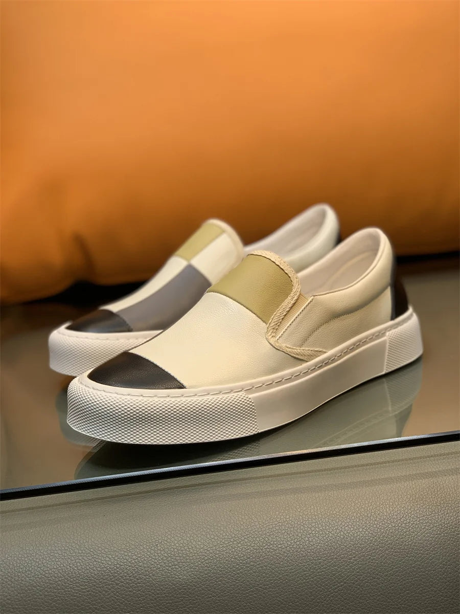 Printemps nouveaux hommes en cuir à semelles épaisses simples et à la mode couleur bloqué chaussures décontractées