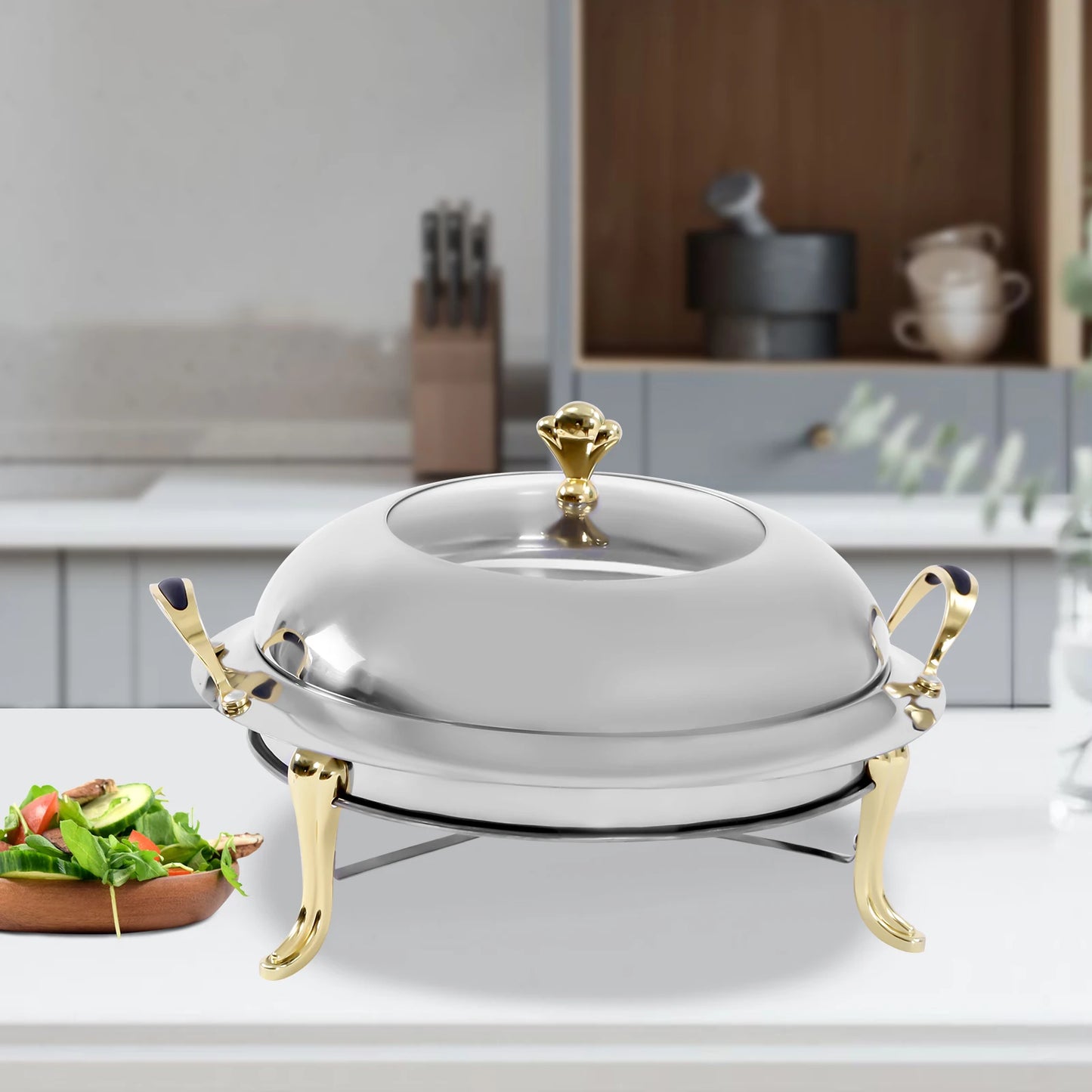 Ensemble de réchaud rond de 3L, chauffe-aliments en acier inoxydable avec couvercle et poignées de transport, feu réglable, dispositif de réchauffement des aliments