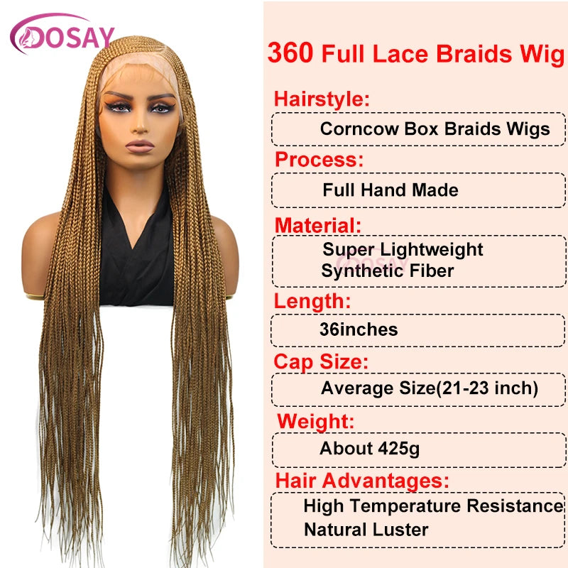Perruques tressées en boîte Cornrow 36 pouces, perruque synthétique Blonde 613 pour femmes, perruque Lace Front Wig tressée avec raie latérale de haute qualité, perruque Faux Locs