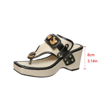 Sandales à fond épais et talon incliné pour femmes, tongs stéréoscopiques à bout carré et bout ouvert, chaussures à bout ouvert,