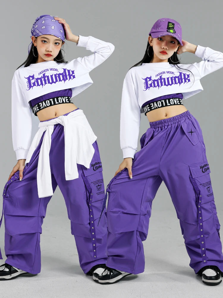Haut court K-pop pour filles, pantalons cargo, cardigan de danse de rue pour enfants, olympiques streetwear pour enfants, ensembles de vêtements de groupe de filles Jazz