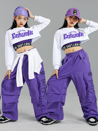 Haut court K-pop pour filles, pantalons cargo, cardigan de danse de rue pour enfants, olympiques streetwear pour enfants, ensembles de vêtements de groupe de filles Jazz