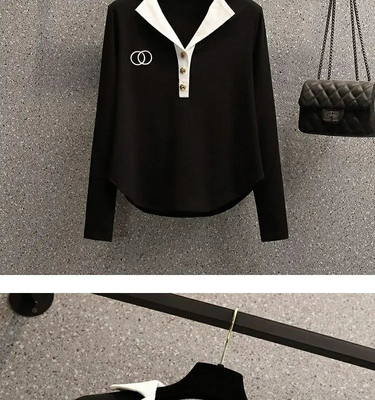 Ensemble deux pièces pour femmes, chemise à manches longues et col Polo, décontracté, Patchwork, jambes larges, nouvelle collection automne 2024