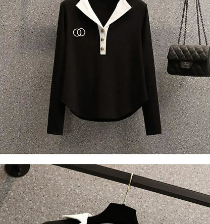 Ensemble deux pièces pour femmes, chemise à manches longues et col Polo, décontracté, Patchwork, jambes larges, nouvelle collection automne 2024