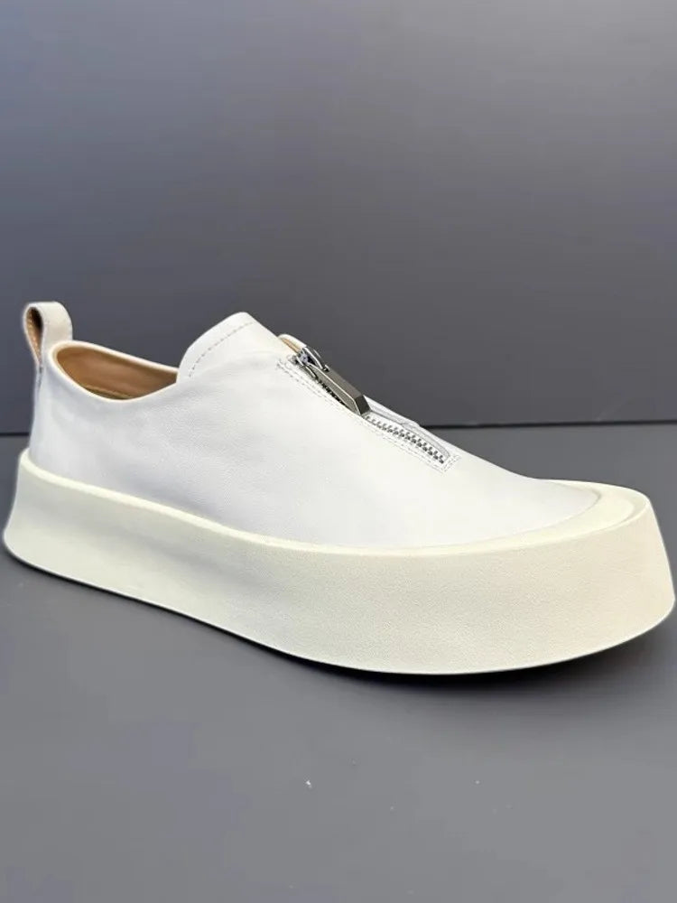 Mocassins à fermeture éclair pour hommes, cuir de vachette véritable, chaussures décontractées, baskets d'extérieur vintage, chaussures de skateboard, plate-forme optique, mode