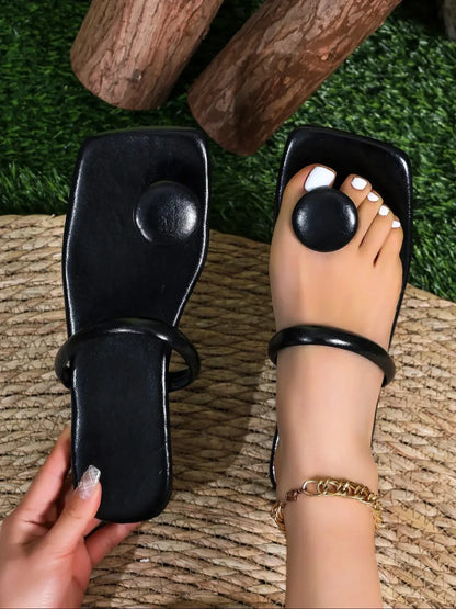 Loisirs chaussons pour femmes semelle plate ronde champignon décoration d'ongles une longueur bande tongs plage concis Zapatillas De Mujer