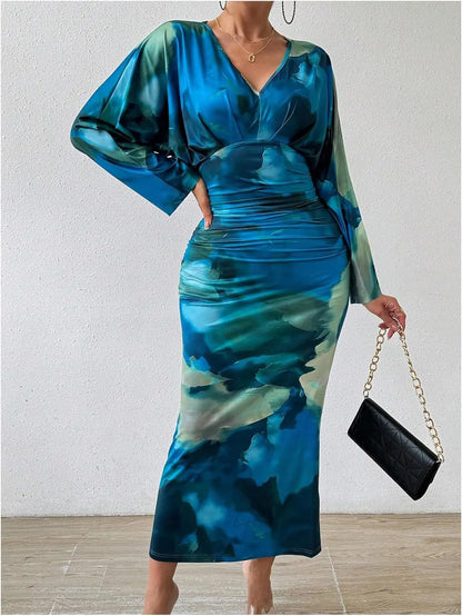 Robe longue plissée à col en V pour dames, manches chauve-souris minces sexy, style européen et américain, tempérament tendance, automne, nouveau