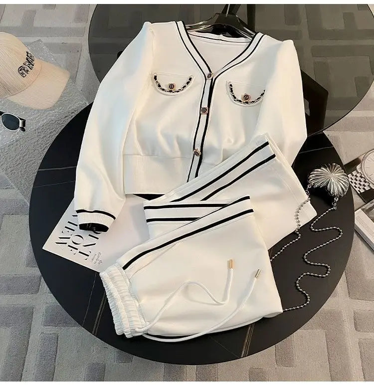 Printemps et automne haut de gamme sport décontracté ensemble femmes Western col en v haut pantalon à jambes larges deux pièces Setj Uicy Corture survêtement