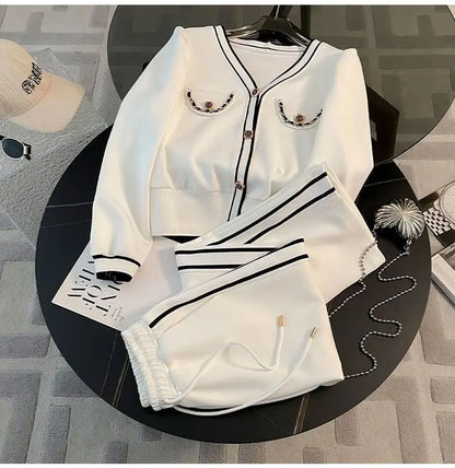 Printemps et automne haut de gamme sport décontracté ensemble femmes Western col en v haut pantalon à jambes larges deux pièces Setj Uicy Corture survêtement