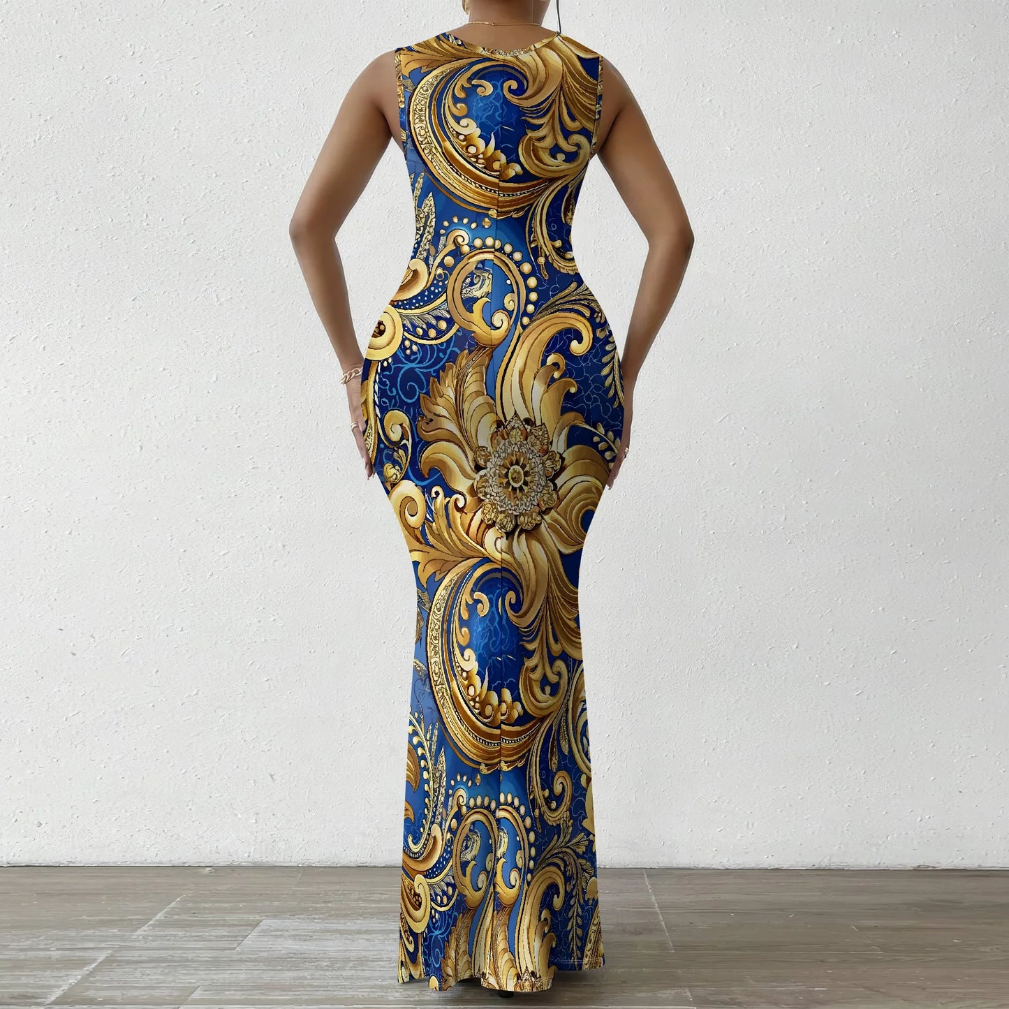 Robe longue moulante à imprimé baroque XS-2XL – Robe bleue et dorée élégante pour tenue de soirée, événements formels et gala