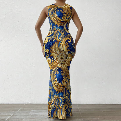 Robe longue moulante à imprimé baroque XS-2XL – Robe bleue et dorée élégante pour tenue de soirée, événements formels et gala