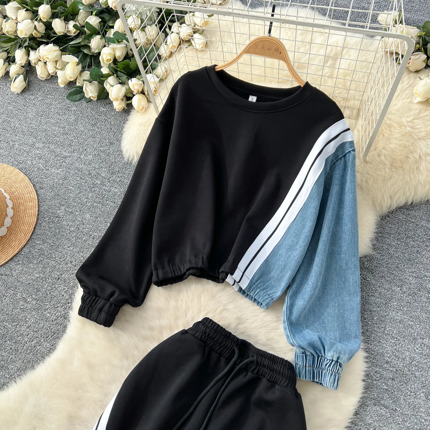 Ensemble pantalon deux pièces pour femmes, col rond, assorti, sweat-shirt, hauts, jambes larges, pantalons longs, décontracté, ample, taille élastique, Denim