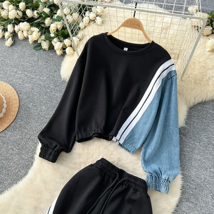 Ensemble pantalon deux pièces pour femmes, col rond, assorti, sweat-shirt, hauts, jambes larges, pantalons longs, décontracté, ample, taille élastique, Denim